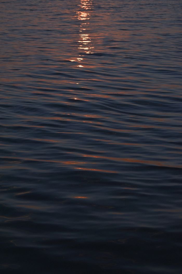 A serene view of sunset reflections creating gentle ripples on a calm water surface.